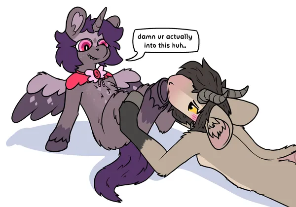 a toothy pegasus pony sitting, supporting itself with its front hooves, its rear hooves pushed up against pebble's blank snout. she's holding the hooves with her own, pressing them further into her snout. she's blushing a lot.