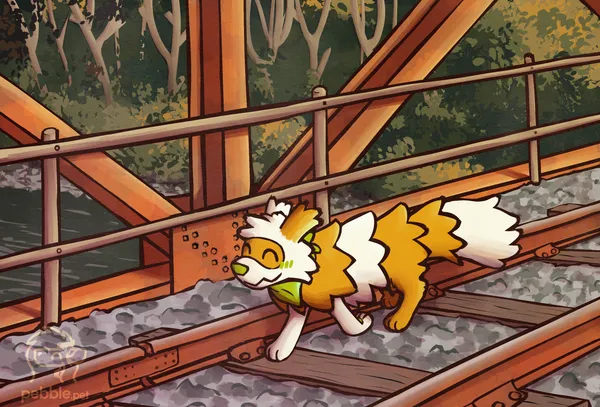 forest, a shiny zigzagoon, walking along railroad tracks on a rusty bridge. it seems happy. in the background there's a river going under the bridge, and a dense forest behind it. the atmosphere is calm, the sun appears to be setting.