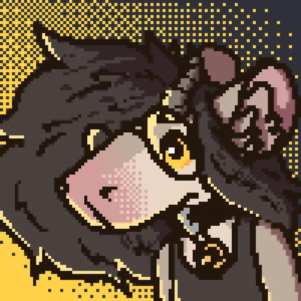 a small pixel art of pebble’s fursona. her snout is facing down, but she’s looking up. the lighting is somewhat dramatic, with yellow highlights. the background is a dithered gradient between dark blue and pebble yellow.