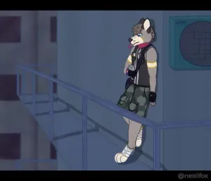 aksai standing on a catwalk, leaning against the side of a building, a lollipop in their mouth. they're on their phone. the atmosphere is relaxed, the shot appears to be at night.