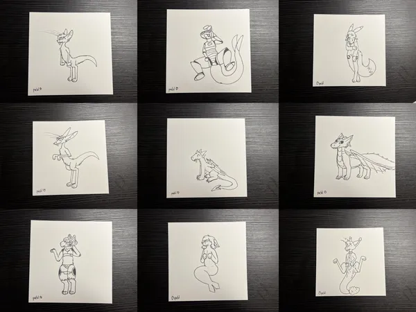 a collection of 9 traditional doodles aligned in a grid; among them are: two dragons, three yinglets, tuna's sona as a mermaid and other silly furry critters