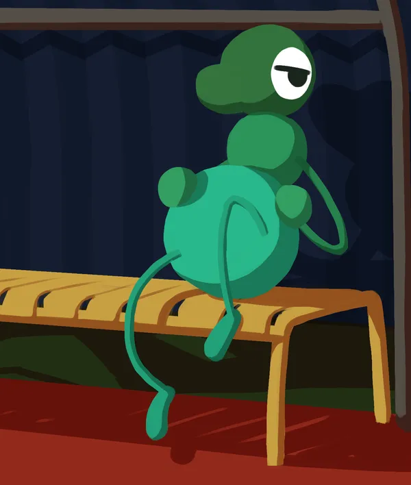 a player character from big walk, sitting at a tram stop, leaning back, its hands resting on its bottom segment, one leg dangling below, the other rested up against the bench. it's looking at the viewer with a smug expression. visually it's a cartoony anthro creature made up of three spheres, the bottom segment with stringy legs the largest, the middle segment with equally stringy arms the smallest, then the head somewhere in between, with a snout-like protrusion 
