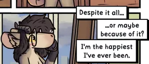 pebble looking at herself in the mirror, blushing, happy. the text says "Despite it all... or maybe because of it? I'm the happiest I've ever been."