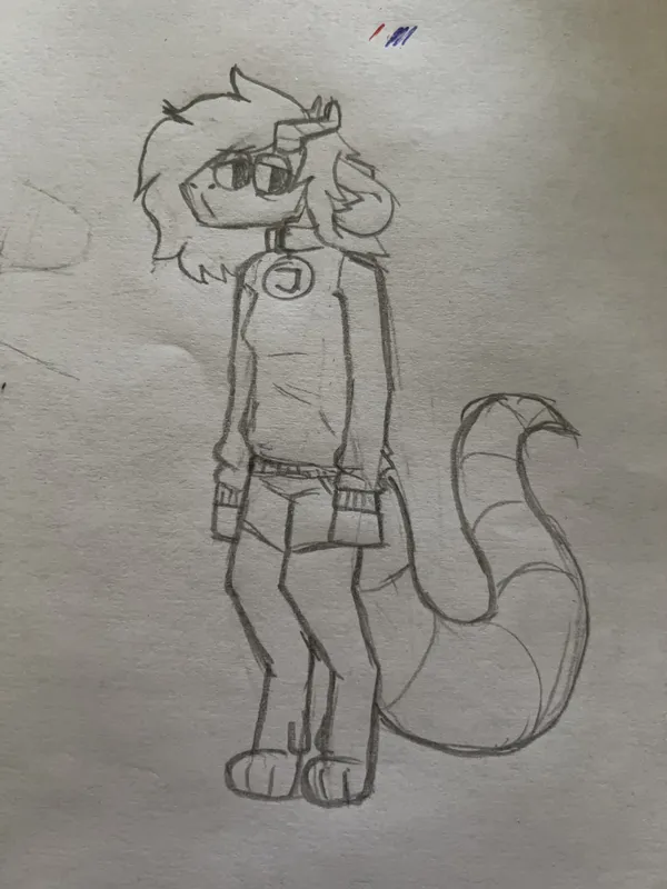 a traditional doodle of pebble wearing a hoodie and short shorts, standing, looking away from the viewer. she's drawn in a cartoonier style, her snout sharper, both of her eyes visible from the same side of her snout. she looks very tired and a little sad.