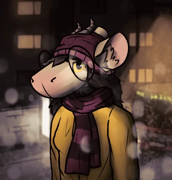 a portrait of pebble wearing cozy winter clothes. she's wearing a beanie hat, a long scarf, a yellow jacket. her snout is exposed to the cold on this version. she's looking at the viewer longingly. the lighting is very atmospheric, snow can be seen falling, blurred in the foreground. in the background is a bus stop, lit by a street lamp and an advertisement on its side, with a bus stopped in front of it. in the far background are prefab apartment blocks.