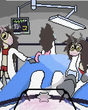 pov shot of a character lying on a bed, with 3 pebbles standing around them, one pressing an anesthetic mask against the character's face