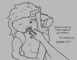 pebble feeling at her blank snout as it's being shaved, revealing that even under her fur there's nothing there at all. text says "Damn! I'm sorry I didn't believe you before.. It's really just.. all gone, huh?"