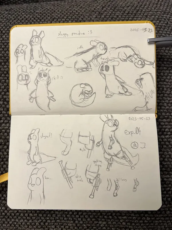 a photo of two pages from pebble's tiny sketchbook. on the first page various sketches of slugcats can be seen, this was anatomy practice. on the second page is the design of a strange slugcat with miros bird like legs and hooved arms, wearing round glasses. this page has various design sketches for this special slugcat. text 