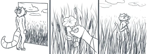 a three panel comic strip. pebble, an anthro chimera creature witih a really large tail, wearing a one piece jumpsuit, viewed from behind, standing in a white void. she's facing a strange rectangle that looks like a window into a field with clouds in the sky. the second panel is a pov shot of her picking up a flower from the field. on the third panel, she's viewed from the front, holding up the flower looking behind her. she's stood in the middle of the field, with no sign of the white void or the rectangle. there's no intended hidden meaning, but you're free to interpret it however you'd like !