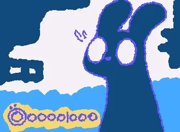 a simple colored image of a slugcat, the watcher, in front of an abstract-ish blue and white background. to the left of it the hud can be seen, indicating that they do not have any food stored and the cycle is almost over.