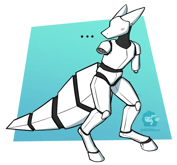 a drawing of a sleek white robot character with a long snout and ear-like antennas. it’s blushing, but its face is otherwise blank. its arms are missing, and its tail is far larger than usual. it appears to be embarrassed about this situation