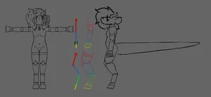 the reference image used for the 3d model, showing pebble in a t-pose from the front and the side, as well as the planned segmentation of the limb pieces.