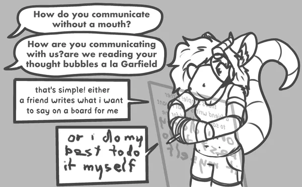 anonymous asks: how do you communicate without a mouth? another asks: how are you communicating with us? are we reading your thought bubbles a la garfield? pebble's shown with a marker between her hooves, focusing on writing on a board. the text on the board says 