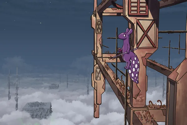 a drawing of spearmaster from rain world standing on a barebones structure high up in the sky. spearmaster is holding its data pearl in one paw and a spear in the other. it’s looking off in the distance. in the background are fluffy clouds cut through by iterator structures and transmission towers. it seems like they’re very high up.