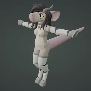 pebble, fully modeled and textured, in T-pose. she's still using the default blender shading, her body looking like it's made of plastic.