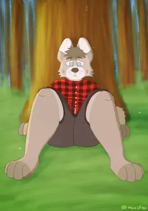 my gray polar fox oc, auris, sitting down, leaning against a tree, looking all sad; he's wearing a flannel shirt and shorts; the background is painted with rough brushes