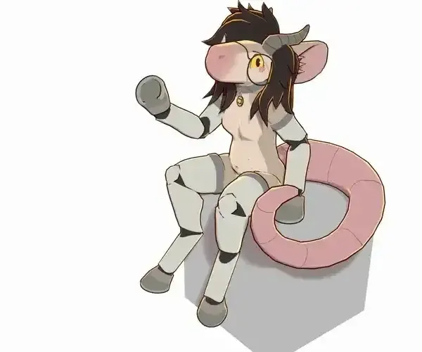 a short animated gif of a 3d model of pebble sitting on the blender default cube. she's in a static pose, leaning forward, waving a hoof at the viewer. the camera rotates around her to show off the whole model. the model is using a simple cel shaded toon shader