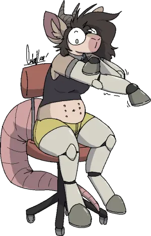 pebble sitting on a chair, putting on her prosthetic arm