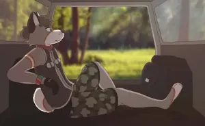 aksai sitting in the trunk of a large car. the trunk door is open and aksai is looking out of it longingly. aksai is wearing a dark vest with pockets and green camo shorts. there's a bandana around his neck. in the background an out of focus forest scene can be seen, it's clearly a blurred out photo. a sepia color filter was applied to the whole picture.