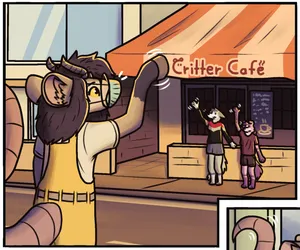 a daytime city street, viewing a cafe named "critter cafe"; pebble can be seen wearing a face mask, waving a hoof to two characters in the distance, who are waving back at her.