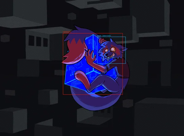 cozmo, a vibrant blue cat with red details, wrapping itself around a perfect cube, only lit by the cube's faint blue light. it's grabbing at and rubbing the cube, pressing its face against it, drooling and staring at it with a neurotic expression, obsessed with it. the cube has faint circuitry on it, and it's floating in a dark void with vague 3d cubes and parts of rooms floating in the background. object recognition like rectangles are highlighting cozmo and the cube, cozmo's being titled "asset (aberrant)" and the cube's having unreadable symbols. cozmo is wearing a dark crop turtleneck and its tail is very long, also wrapped around the cube 