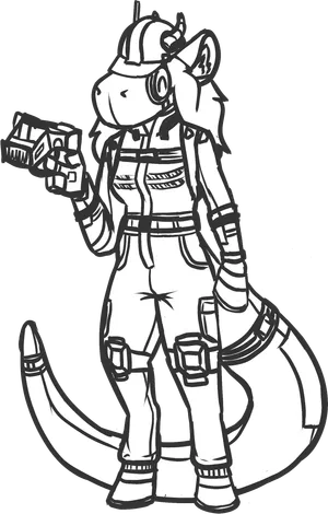 pebble wearing construction clothes, looking happy, holding some sort of a tool
