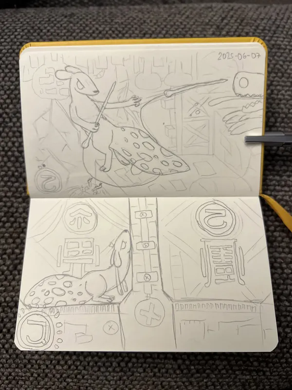 a photo of two pages from pebble's tiny sketchbook. on the first one spearmaster from rain world is running away from a lizard, throwing one of its spears behind itself towards it. it looks angry. the background suggests that they're in underhang. on the second page spearmaster can be seen leaning against a locked karma gate, looking very annoyed. it doesn't have enough karma to go through. the karma gate is implied to be the one from underhang into five pebbles.