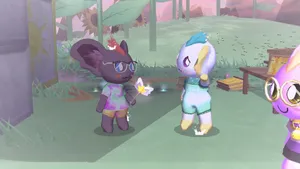 a sunfluffs screenshot. two anthro animals are looking at each other, with a third off in the corner. one is holding a magic wand, while the other is looking very shy and blushing.