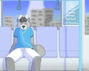 auris sitting inside of a moving train. they have their headphones in and their eyes closed. in the background the cityscape is moving past. the train is bouncing. there's a poster for the scp foundation behind auris.