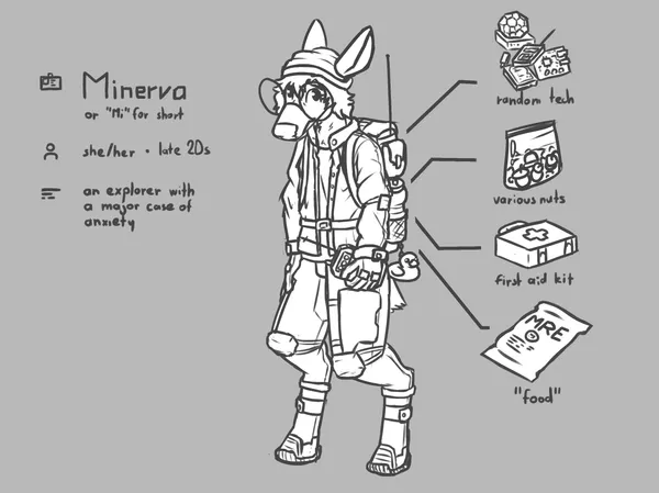 a black and white sketch of an anthro deer character. she's wearing a beanie hat, large round glasses, unzipped windbreaker, tights, various belts and braces around her limbs, gloves and very utilitarian rugged looking shoes on her digitigrade hooved legs. on her back is a large backpack with a water bottle, there's an antenna sticking out the top and a small rubber ducky keychain attached to it at the bottom. she's holding some kind of a small rectangular device with an antenna. she's looking at the viewer with an anxious expression. next to her are things that are in her backpack, that is random tech, various nuts, first aid kit, and food in quotes, which is an MRE. her info next to her says her name is Minerva (or Mi for short), her pronouns are she/her, she's in her late 20s and she's an explorer with a major case of anxiety
