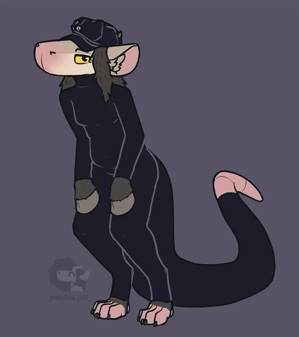 pebble's sona, an anthro chimera creature, standing up, leaning forward, its forehooves on its thighs. she's wearing a full body skin tight black turtleneck jumpsuit thing. the only things not covered by it are her footpaws, her forehooves, the tip of her tail and its head. she's also wearing a black "baker boy" hat with a few pins on it. she's looking at the viewer teasingly