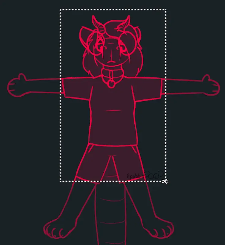 cognitive dissonance by pebble; an artwork symbolizing my struggle with biid, featuring my sona with its limbs spread out, a cursor selection area created around the parts of its body that are its own, separating them from the rest.