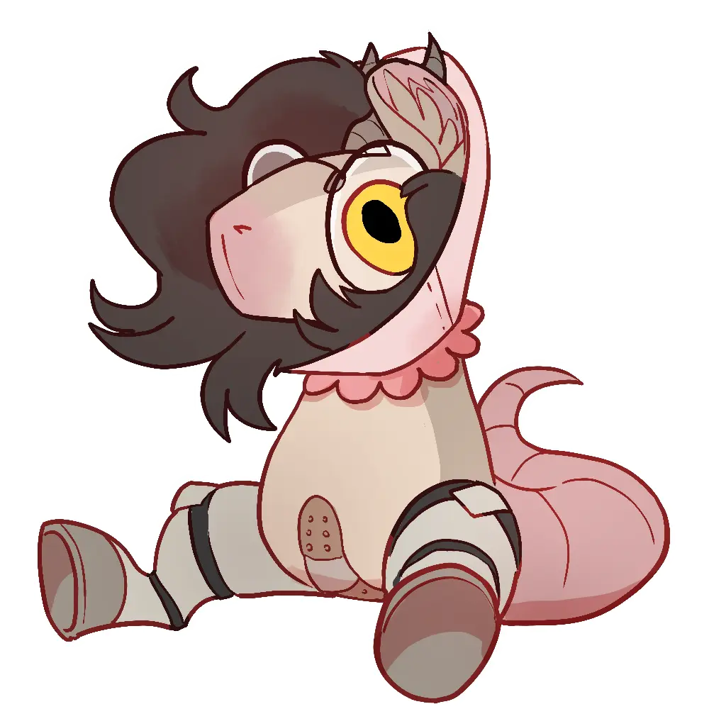 an image of pebble's fursona in a silly chibi style; it's sitting with its legs spread, showing an adhesive bandage on its crotch; it has a dog cone around her neck; it looks zoned out