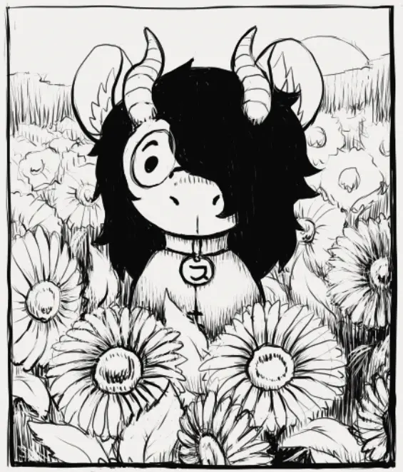 an image of pebble's fursona standing in a field of sunflowers, looking directly at the viewer. the image is black and white. its expression looks cute and innocent.