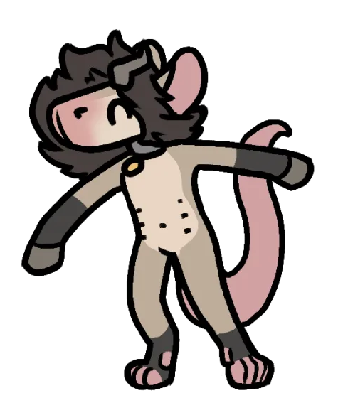 a short animation loop of pebble dancing happily, tapping its hooves together. pebble is a coffee-coloured anthro chimera creature with long fluffy hair, big ears, a big bulky mouthless snout, dragon-like horns, equine hooves for hands and a big meaty tail.