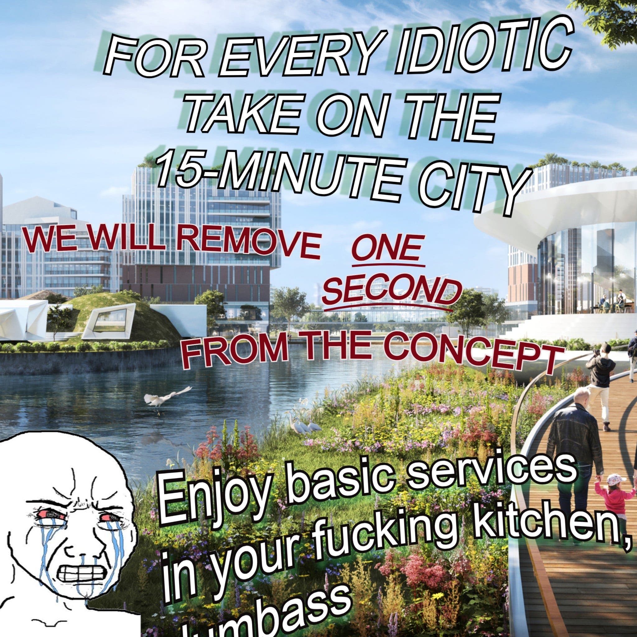 a meme reading "for every idiotic take on the 15-minute city, we will remove one second from the concept. enjoy basic services in your fucking kitchen, dumbass"