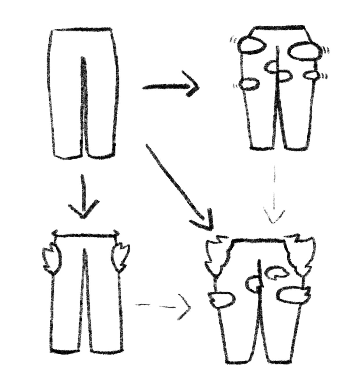 A pair of pants being obliterated by fur, thickening hips, and then both